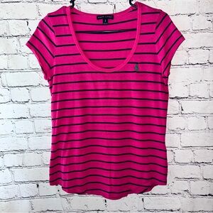 Ralph Lauren Y2K Pink and Navy Striped Short Sleeve Scoop Neck Top Size Small